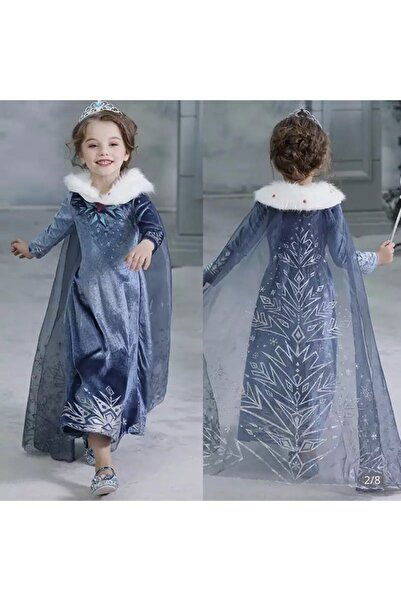 Zümrüt OyuncakStore Buz Kraliçesi Prenses Elsa Beyaz Kürklü Kostüm Karlar Ülkesi Uzun Kollu Elbise 5-6Y