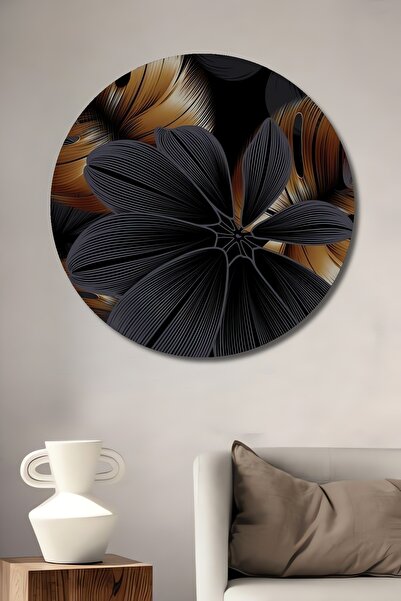 Teona Ahşap Pictură murală rotundă din lemn cu frunze aurii și negre imprimeu...