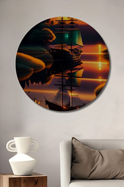 Teona Ahşap Pictură decorativă din lemn cu barca cu pânze și apus de soare, p...