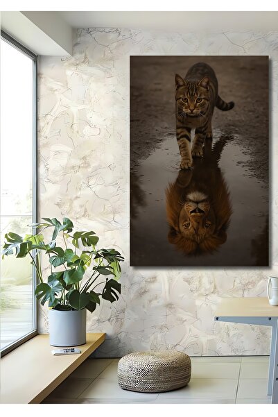 Teona Ahşap Διακοσμητικό Ξύλινο Τραπέζι με ελαιογραφία γάτας με καρδιά λιοντα...