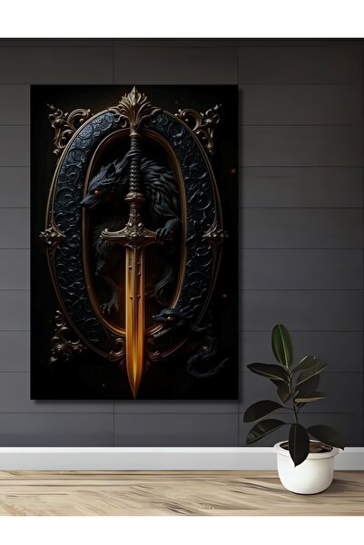 Teona Ahşap Görseldeki Kurt ve Kılıç Sanat Tablosu Yağlı Boya Görünümlü Dekoratif Ahşap Tablo