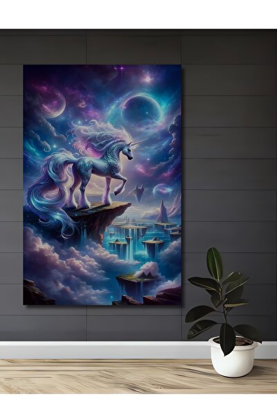 Teona Ahşap Unicorn Magic Cosmic Landscape Tablou decorativ din lemn cu aspec...