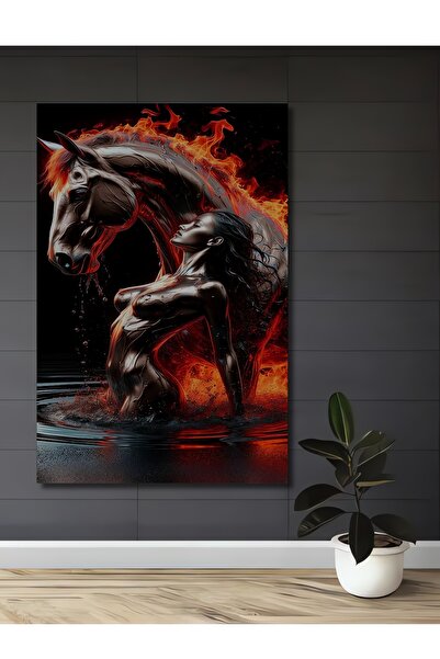 Teona Ahşap Figurină Femeie pe Cal cu Flacără, Tablou Decorativ din Lemn cu A...