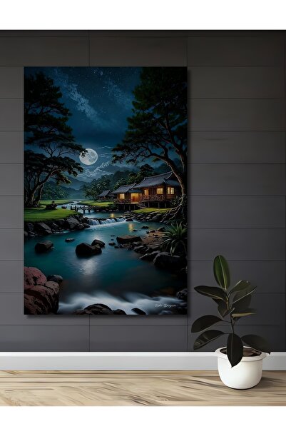 Teona Ahşap Peisaj rural liniștit sub lumina lunii, tablou decorativ din lemn...