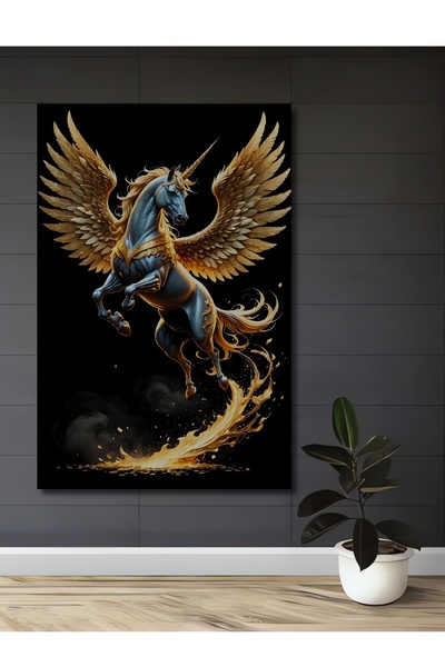 Teona Ahşap Altın Kanatlı Unicorn Sanat Tablosu Ahşap Dekoratif Tablo
