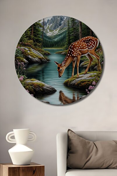 Teona Ahşap Peisaj cu cerbi și pădure, aspect în stil acuarelă, tablou decora...