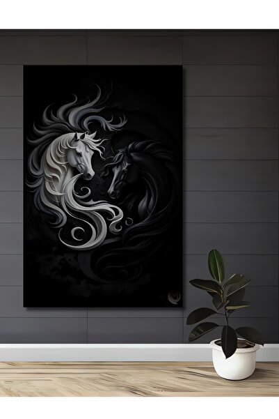 Teona Ahşap Декоративна дървена картина „Ин и Ян коне“ с ефект на маслена боя