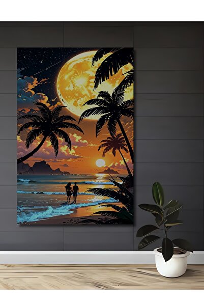 Teona Ahşap Peisaj cu lună plină după palmieri, aspect în stil acuarelă, artă...