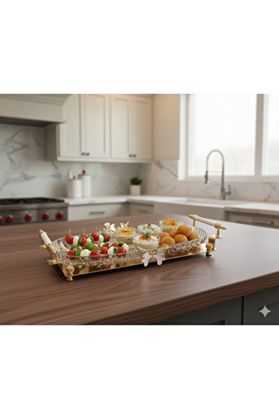 Henna Decorium Kelebek Dekorlu Kulplu Desenli Cam Tepsi Sunumluk