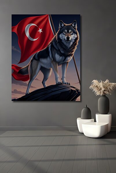 Teona Ahşap Διακοσμητικό ξύλινο τραπέζι με ελαιογραφία με Λιοντάρι, Λύκο, Φεγ...