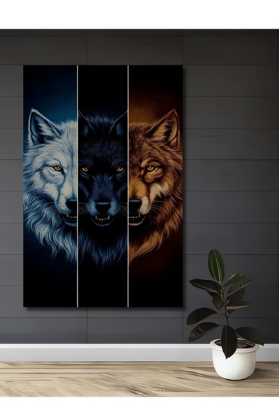 Teona Ahşap Τριπλό Ξύλινο Διακοσμητικό Πίνακα  "Η Δύναμη των Λύκων "