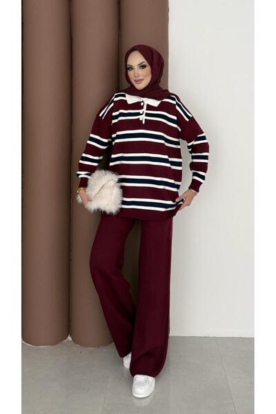 KNİTİCAL TEKSTİL Çizgili Polo Yaka Oversize Triko Alt Üst Takım - Bordo