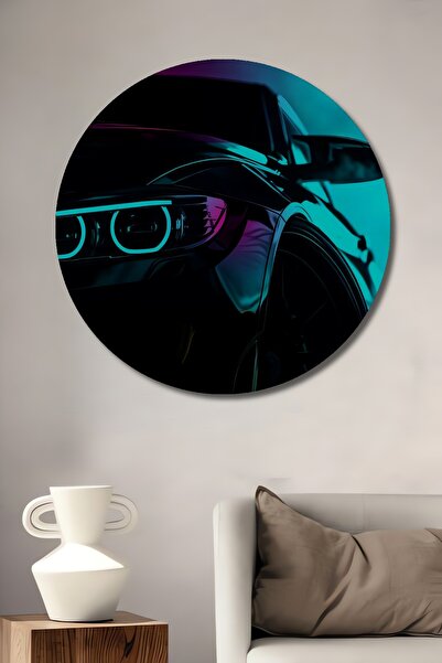 Teona Ahşap Pictură decorativă rotundă de perete cu mașină sport luminoasă cu...