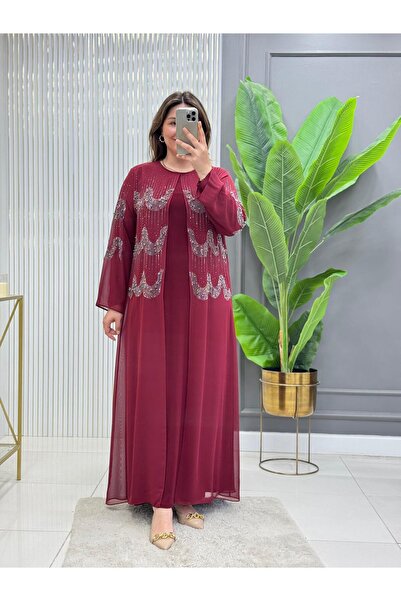 Modam Bella BÜYÜK BEDEN TAŞ VE İNCİ DETAYLI ELBİSE