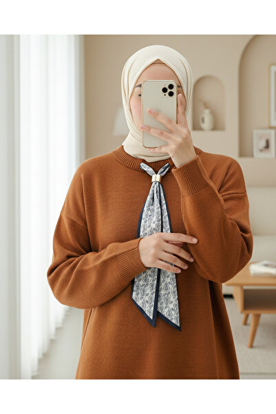 Modamorfo Tunica casual din tricotaj cu guler rotund și eșarfă -Kiremit