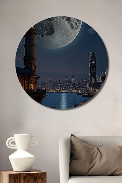 Teona Ahşap Pictură de artă cu vedere la lună plină, port istoric, pictură în...