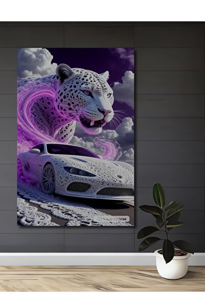 Teona Ahşap Tablou decorativ din lemn cu tigru magic alb și mașină sport