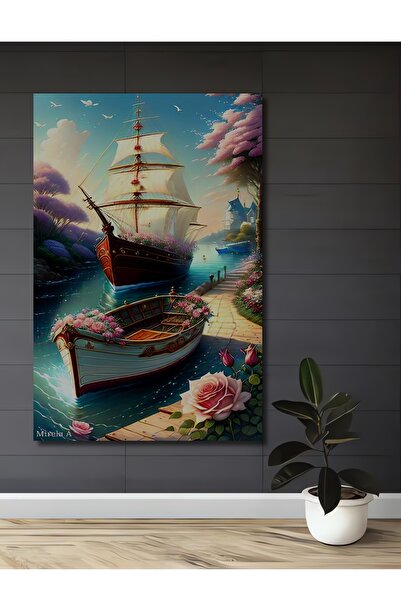 Teona Ahşap Tablou decorativ din lemn cu barcă cu pânze și flori, cu aspect d...