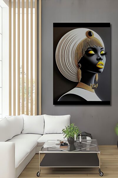 Teona Ahşap Tablou decorativ din lemn cu femeie albă în turban, aurie cu mode...