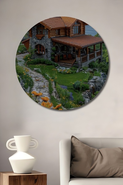 Teona Ahşap Pictură murală rotundă superbă, cu peisaj, din piatră și lemn