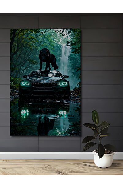 Teona Ahşap Pictură artistică Mysterious Wolf and Forest Waterfall, tablou de...
