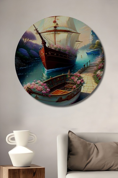 Teona Ahşap Tablou decorativ din lemn cu barcă cu pânze și flori, cu aspect d...