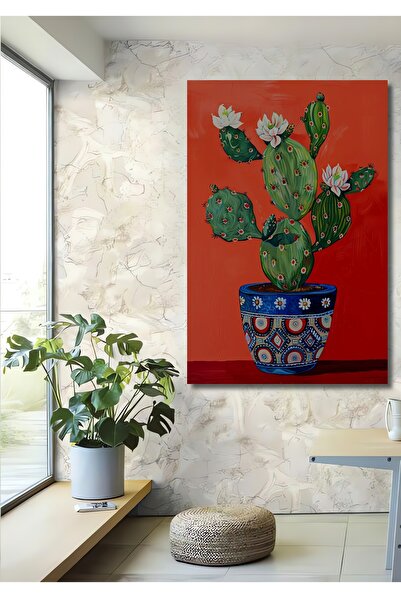 Teona Ahşap Canlı Renkler Çiçek Açan Kaktüs Yağlı Boya Görünümlü Ahşap Dekora...