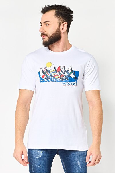 Nautica تيشيرت رجالي أبيض بأكمام قصيرة وطبعة جرافيكية، بياقة دائرية
