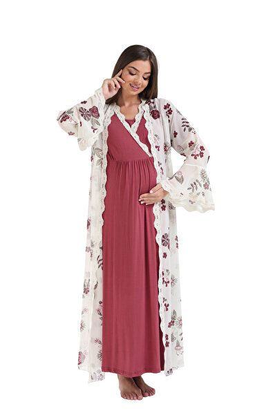 bigmama Nakışlı Şifon Sabahlıklı Hamile Lohusa Gecelik Seti - Emzirme Özellik...