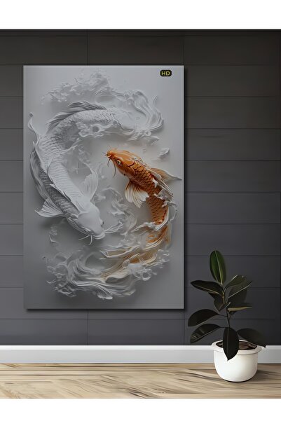 Teona Ahşap Yin Yang Koi Balığı Yağlı Boya Görünümlü Ahşap Dekoratif Ev,Antre...