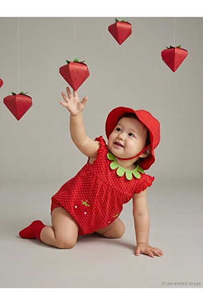 LC Waikiki Lcw Baby Strawberry Patterned Baby Girl Romper and Hat