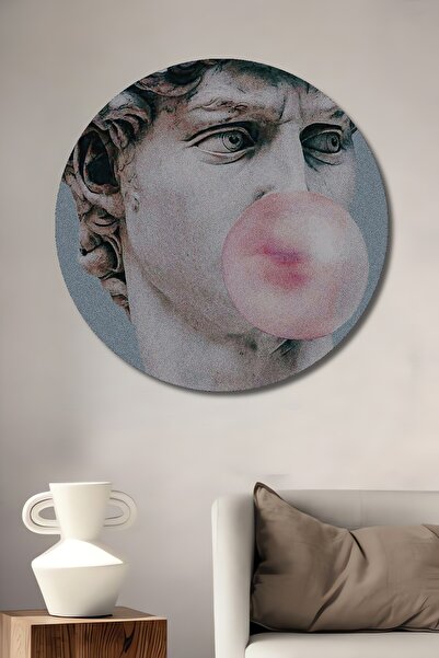 Teona Ahşap David Büst Sakız Patlatma Yağlı Boya Görünümlü Ahşap Tablo Yuvarl...