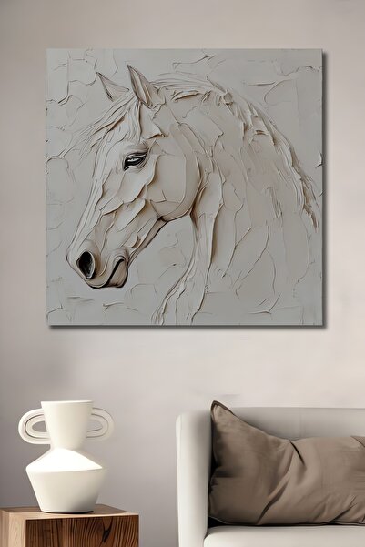 Teona Ahşap Asil Beyaz At Yağlı Boya Görünümlü Dekoratif Ahşap Ev,Antre,Salon...