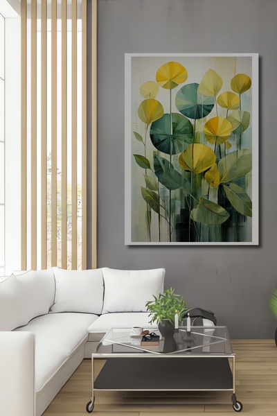 Teona Ahşap Sarı Yeşil Yapraklar Yağlı Boya Görünümlü Modern Sanat Ahşap Deko...