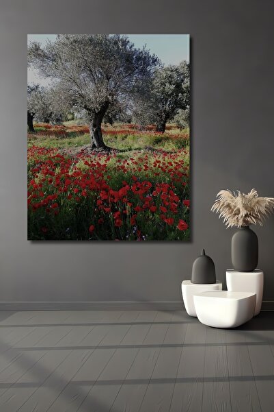 Teona Ahşap Zeytin Ağacı ve Gelincik Tarlası Yağlı Boya Görünümlü Ahşap Dekor...