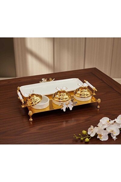 Henna Decorium Porcelain Baton Presentation Set with Handle and Stand and Set of 3 Sauce Bowls