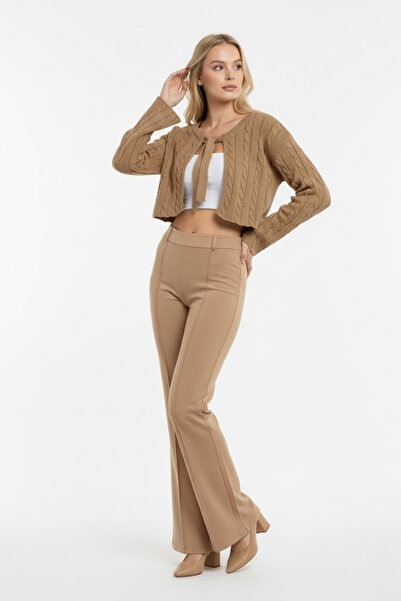 ABAY GİYİM Women's Hair Braid Lace-Up Crop Cardigan