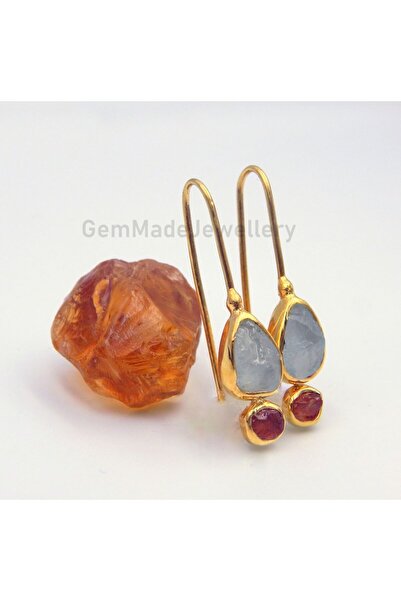 alpsilverart Kadınlar için El İşi Gümüş Altın Kaplama Ham Akuamarin Ve Garnet...