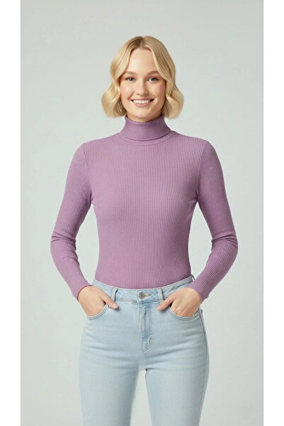 hibiscus Women's Full Throated Corded Fabric Lycra Ribbed Knit Badi Slim Long Sleeve Sweater - Purple