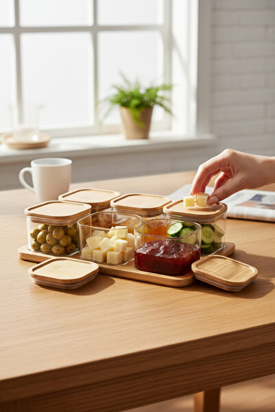 Paşabahçe 6'lı Bambu Standlı Bambu Kapaklı Cam Kahvaltılık-Saklama Kabı 400ml