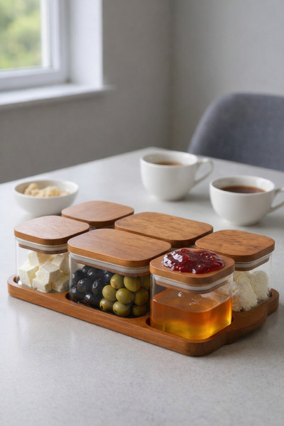 Paşabahçe 6'lı Akasya Kapaklı Akasya Standlı Cam Kahvaltılık Seti - Şık Sızdırmaz Vakumlu