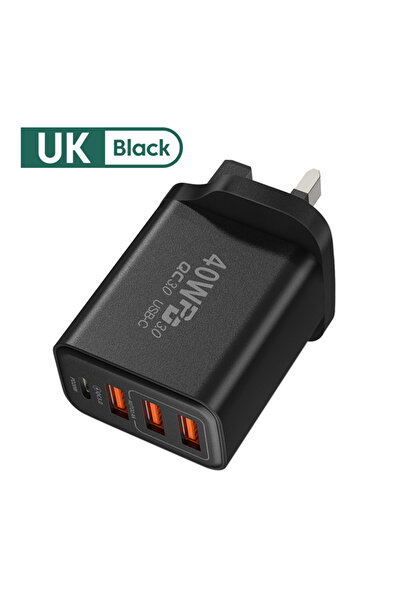 Choice شاحن بريطاني أسود بقوة 40 واط، 4 منافذ USB من النوع C، شحن سريع 3.0، ق...