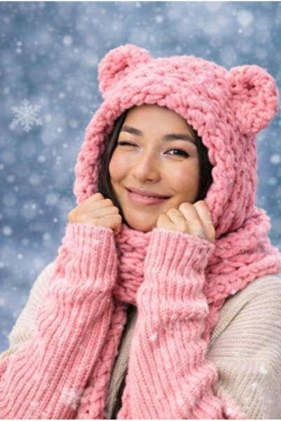 Cheecky Chic İpekish Ayı Kulaklı Örgü Bere Atkı Seti | Kadın Kışlık Yumuşak D...