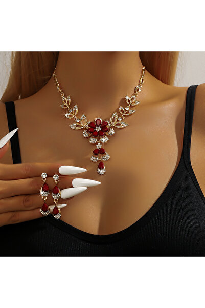 Choice 808036-أحمر، طقم مجوهرات نسائي عصري مكون من 3 قطع، قلادة وأقراط مزينة ...