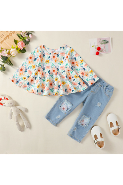 Choice 2-3Y 112205310 1-4 Years Kids Girls Suit Long Sleeve Flower Ruffle Tops+Elastic Waist Denim Pants 2p