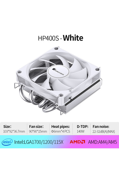 Choice كما هو موضح، مبرد وحدة المعالجة المركزية Jonsbo HP400S أبيض اللون، مزود بأربعة أنابيب حرارية، مشعاع تبريد هوائي بضغط سفلي، 90 مم، 4 أنابيب حرارية