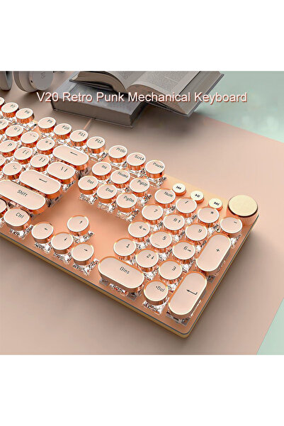 Choice Pink EWEADN V20 Punk Typewriter Mechanical Gaming Keyboard, 104 Keys Round Keycaps LED White Backlit
