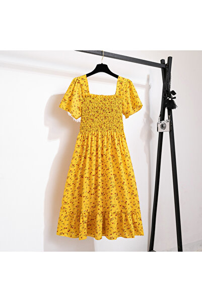 Choice فستان شيفون أصفر مقاس واحد، مناسب لفصلي الربيع والصيف، متوسط الطول، بأكمام قصيرة وخصر مطاطي مطبوع.