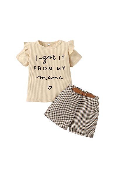 Choice 12-18M 122202316 2PCS Toddler Baby Girl Clothes Set Letter Print Short Sleeve Top+Checkered Shorts S