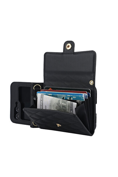 Choice جراب وحزام أسود أنيق من الجلد لهاتف سامسونج Z Flip 5، مناسب لحقائب كرو...